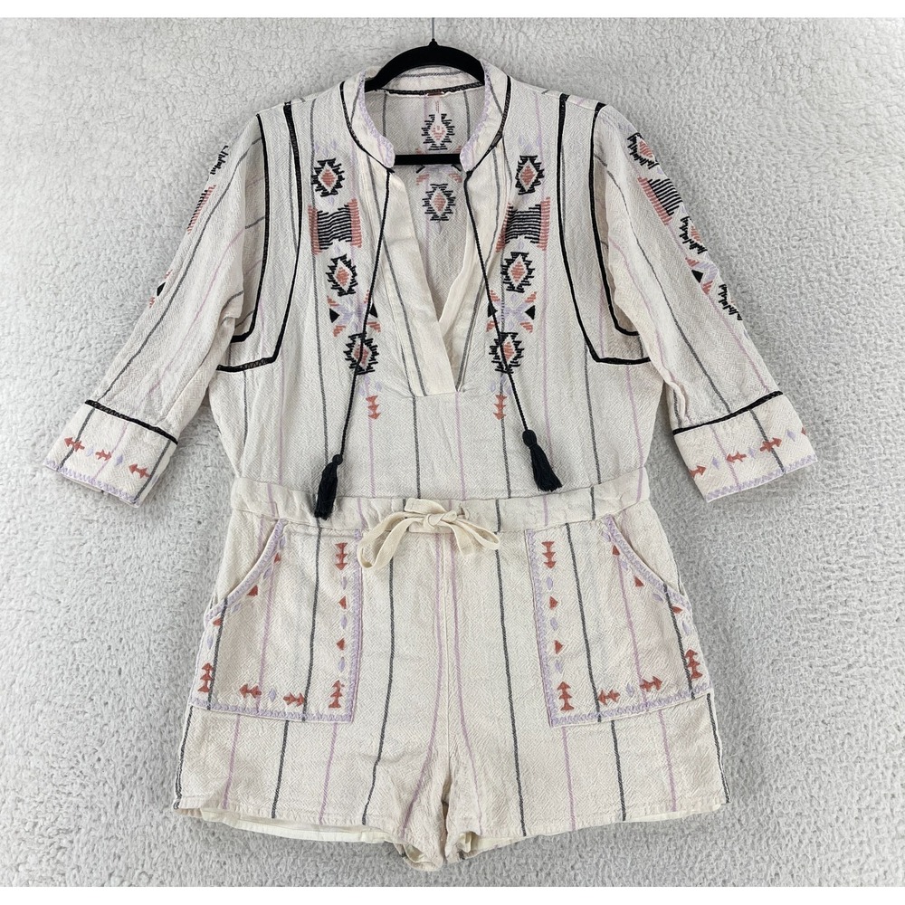 Free People Baja Aztec Romper Womens Size XS Ivory Embroidered 3/4 Sleeve Casual